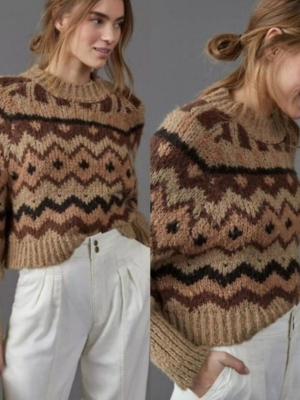 By Anthropologie Caramel Chai Carson Fair Isle Geo Chunky Knit  Crewneck Sweater